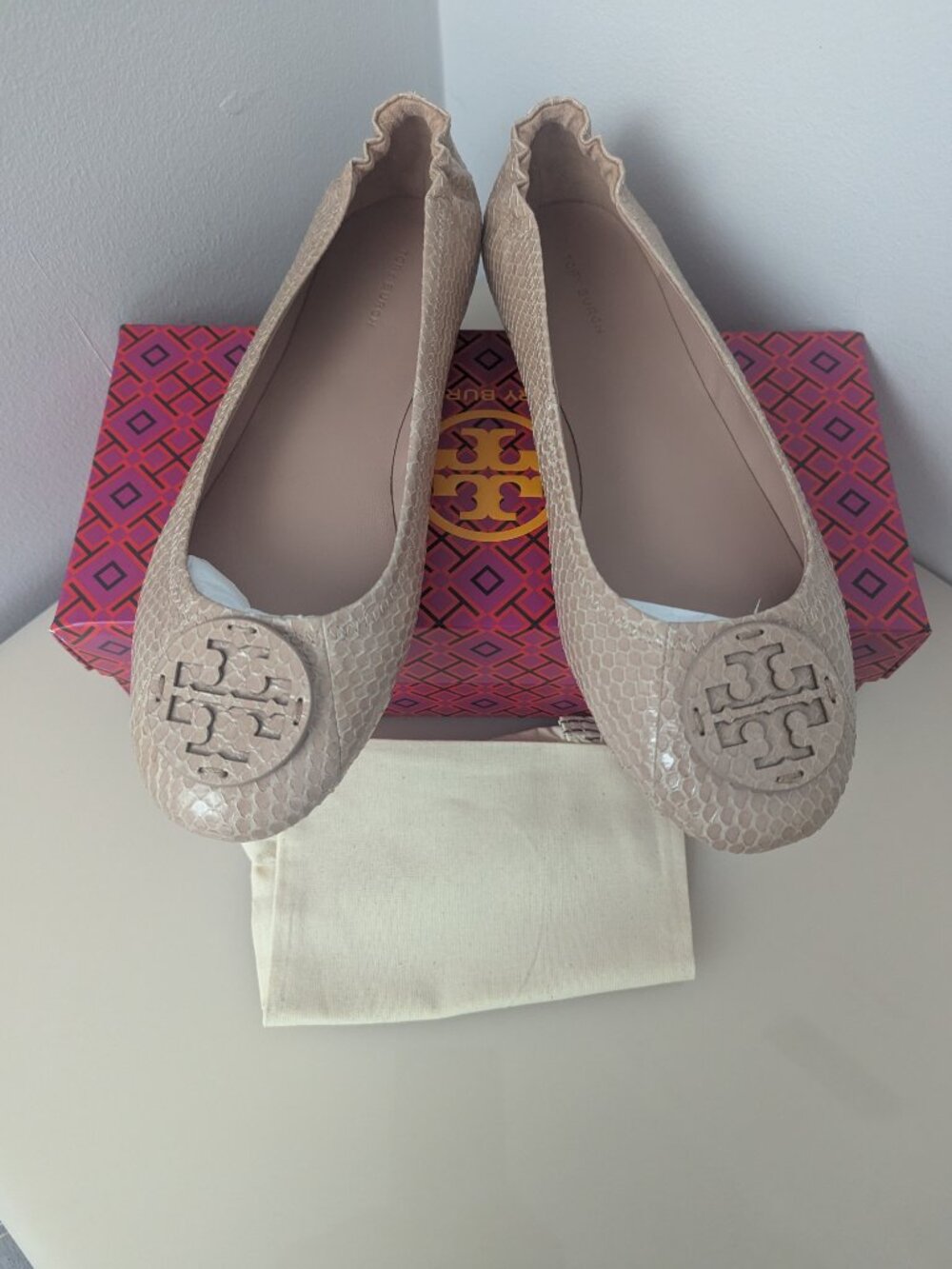 Tory Burch $228 Minnie Travel Ballet Flats Snake Embossed MANY SIZES Meadowsweet - Picture 2 of 15